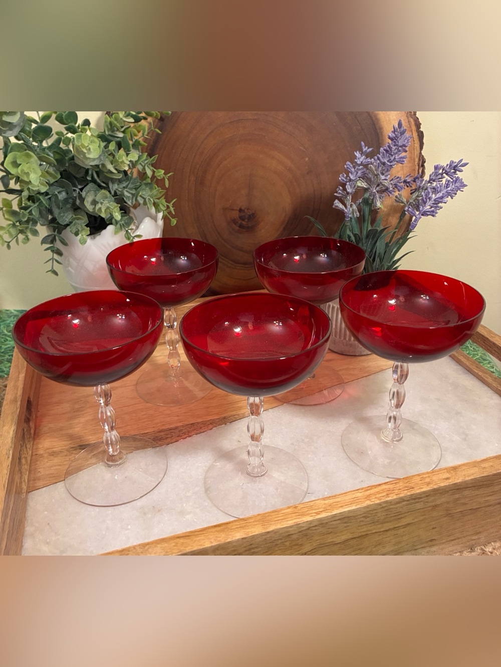 Vintage Ruby Red and Clear Raised Sherbet Cup or Champagne Glass (set of 5)